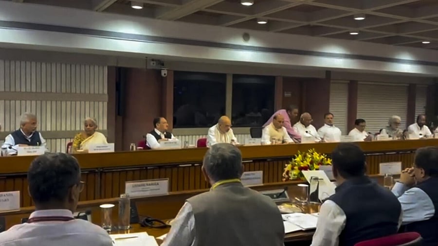 <div class="paragraphs"><p>Defence Minister Rajnath Singh with Union Home Minister Amit Shah, External Affairs Minister S Jaishankar, Union Finance Minister Nirmala Sitharaman, Union Minister and BJP National President JP Nadda, Congress President Mallikarjun Kharge and LoP in the Lok Sabha and party leader Rahul Gandhi during an all-party meeting convened by the Centre on the Pahalgam terror attack, in New Delhi, Thursday, April 24, 2025. </p></div>