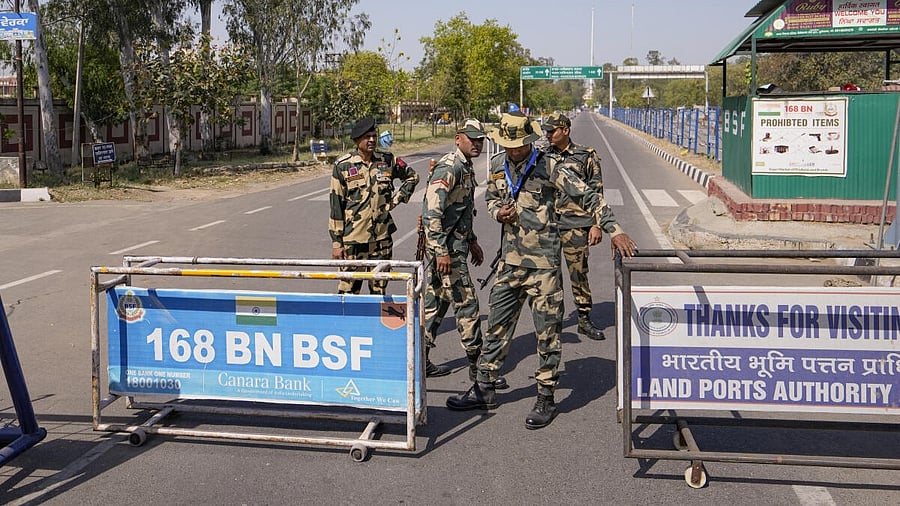 <div class="paragraphs"><p>Security personnel stand guard at an Integrated Check Post near the Attari-Wagah border, in Amritsar district, Punjab, Thursday, April 24, 2025.</p></div>