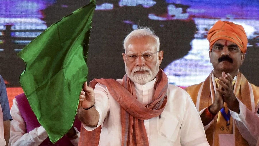 <div class="paragraphs"><p>Prime Minister Narendra Modi flags-off a Namo Bharat train launching India’s first 16-coach Namo Bharat Rapid Rail service between Jayanagar and Patna, during a National Panchayati Raj Day event in Madhubani, Thursday, April 24, 2025.</p></div>