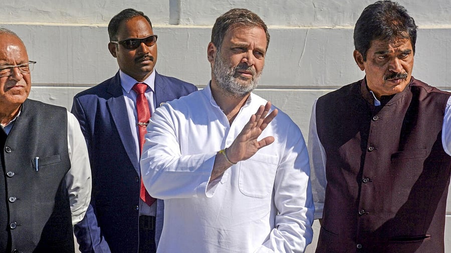 <div class="paragraphs"><p>Rahul Gandhi gestures while addressing a press conference in Srinagar on Friday. </p></div>