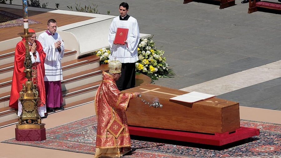 <div class="paragraphs"><p>Cardinal Giovanni Battista Re leads the funeral Mass of Pope Francis, as the coffin is blessed, in St. Peter's Square at the Vatican, April 26, 2025.</p></div>