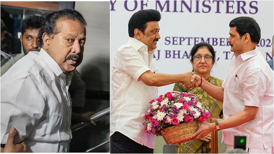 <div class="paragraphs"><p>K Ponmudy(L) and MK Stalin with V Senthil Balaji. </p></div>