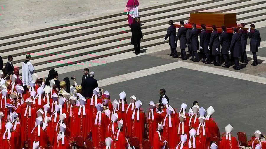 <div class="paragraphs"><p>The coffin of Pope Francis is carried on the day of the funeral Mass of Pope Francis in St. Peter's Square at the Vatican, April 26, 2025.</p></div>