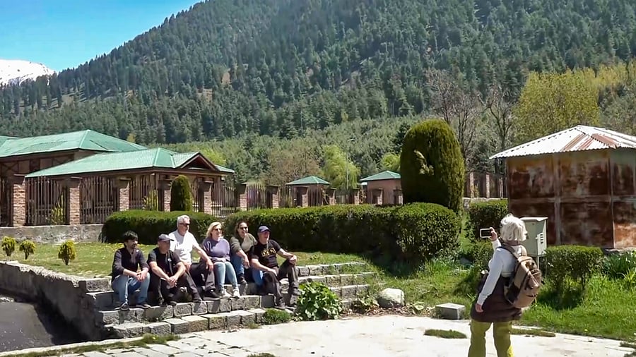 <div class="paragraphs"><p>Tourists at a Pahalgam park, Sunday, April 27, 2025, a few days after at least 26 people, mostly tourists, were killed in a terror attack. </p></div>