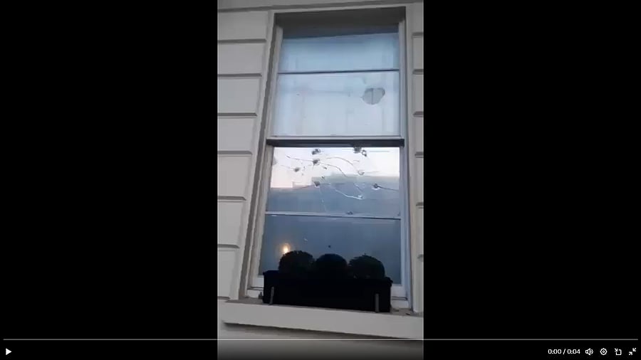 <div class="paragraphs"><p>Screengrab from a video showing a smashed window of the Pakistan High Commission building in London, April 28, 2025.</p></div>