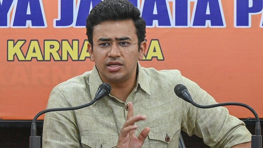 <div class="paragraphs"><p>Bangalore South MP Tejasvi Surya at a press meet in Bengaluru on Monday.</p></div>