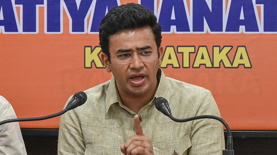 <div class="paragraphs"><p>Tejasvi Surya addresses a a press conference in Bengaluru on Monday.</p></div>