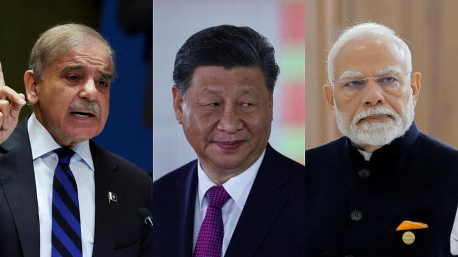 <div class="paragraphs"><p>Pakistan's Prime Minister Shehbaz Sharif (L), China's PM Xi Jingping, India's PM Narendra Modi.</p></div>