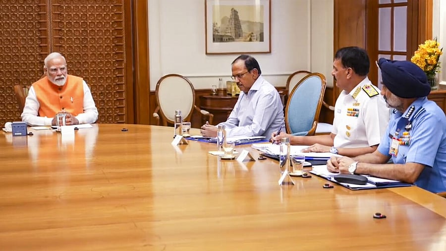<div class="paragraphs"><p>Prime Minister Narendra Modi with NSA Ajit Doval, Navy Chief Admiral Dinesh K Tripathi and IAF Chief Air Chief Marshal Amar Preet Singh during a meeting in New Delhi.&nbsp;</p></div>
