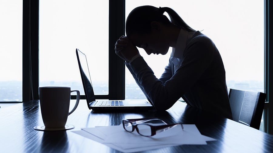 <div class="paragraphs"><p>Stress headache, burnout and woman in office overwhelmed with workload at desk with laptop. Frustrated, overworked and tired woman with computer at startup, anxiety from deadline time pressure crisis.</p></div>