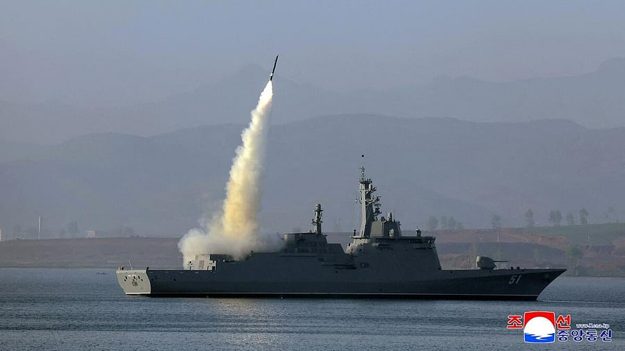 <div class="paragraphs"><p>View of what state media KCNA reported was a test-firing of the weapons system of the new "Choe Hyon-class" warship, in this picture released on April 30, 2025, by the Korean Central News Agency. </p></div>
