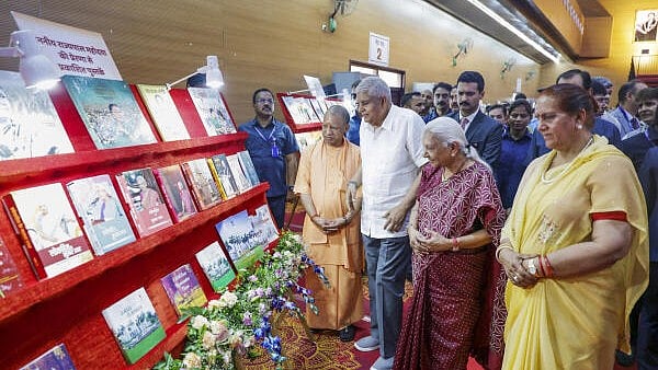 <div class="paragraphs"><p>Vice President Jagdeep Dhankhar, his wife Sudesh Dhankhar, UP Governor Anandiben Patel and CM Yogi Adityanath during the release of the book 'Chaunautiyan Mujhe Pasand Hain' by Anandiben Patel, in Lucknow.</p></div>