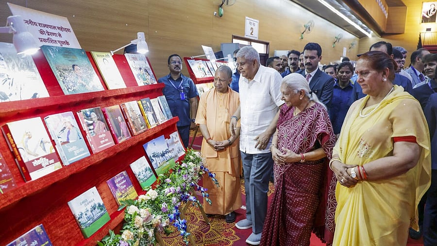 <div class="paragraphs"><p>Vice President Jagdeep Dhankhar, his wife Sudesh Dhankhar, UP Governor Anandiben Patel and CM Yogi Adityanath during the release of the book 'Chaunautiyan Mujhe Pasand Hain' by Anandiben Patel, in Lucknow, Thursday, May 1, 2025.</p></div>