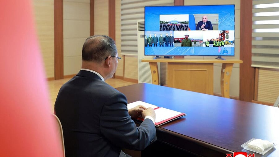 <div class="paragraphs"><p>North Korea's Premier Pak Thae Song joins Russian Prime Minister Mikhail Mishustin via video-conferencing to attend a ground-breaking ceremony for a new road bridge spanning the Tumen River that will link North Korea to Russia, in Pyongyang, North Korea, April 30, 2025, in this photo released by North Korea's official Korean Central News Agency. </p></div>