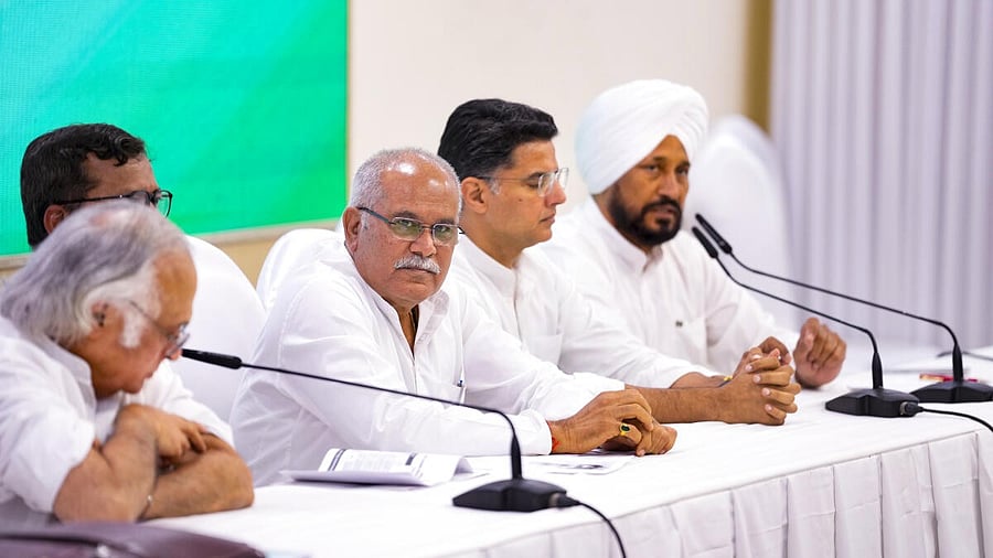<div class="paragraphs"><p>Congress leaders Bhupesh Baghel, Sachin Pilot and Charanjit Singh Channi address a press conference after the Congress Working Committee (CWC) meeting. </p></div>