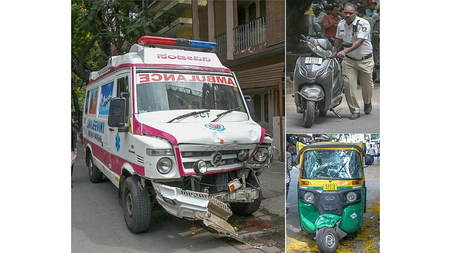 <div class="paragraphs"><p>The ambulance that caused the deadly pile-up in Wilson Garden on Thursday. It also damaged an auto, a scooter, and two pushcarts. </p></div>