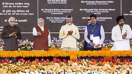 <div class="paragraphs"><p>Prime Minister Narendra Modi with Andhra Pradesh Governor S. Abdul Nazeer and Chief Minister N. Chandrababu Naidu during the inauguration and foundation stone laying ceremony of various development projects, in Amaravati, Andhra Pradesh.</p></div>