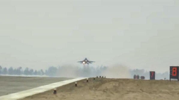 <div class="paragraphs"><p>A fighter plane prepares to touch down as Indian Air Force conducts trial on the airstrip of the under-construction Ganga Expressway in Shahjahanpur.</p></div>