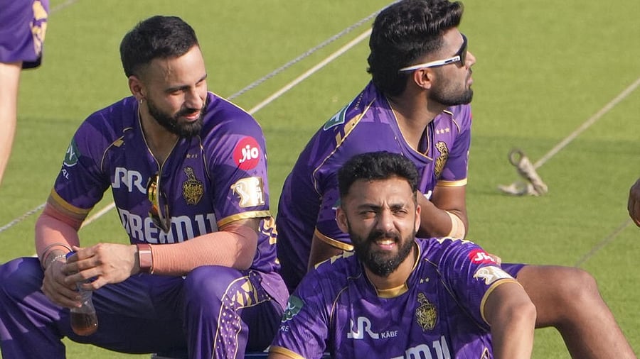 <div class="paragraphs"><p>KKR's Varun Chakravarthy, Harshit Rana and Ramandeep Singh during a practice session ahead of the Indian Premier League (IPL) 2025 cricket match between Kolkata Knight Riders and Rajasthan Royals, at Eden Gardens in Kolkata</p></div>