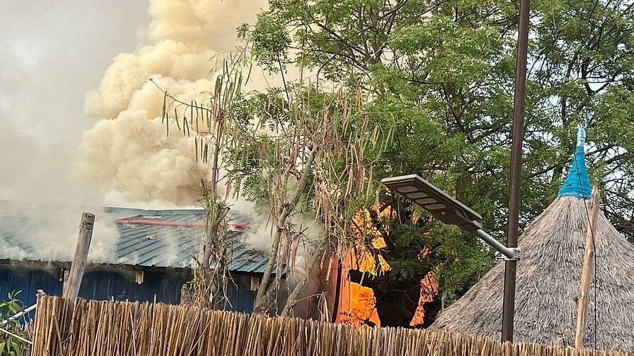 <div class="paragraphs"><p>A fire burns following an aerial bombardment that resulted in casualties at the medical charity Medecins Sans Frontieres run facility destroying the last remaining hospital and pharmacy in the northern town of Old Fangak in Fangak county, South Sudan May 3, 2025. </p></div>