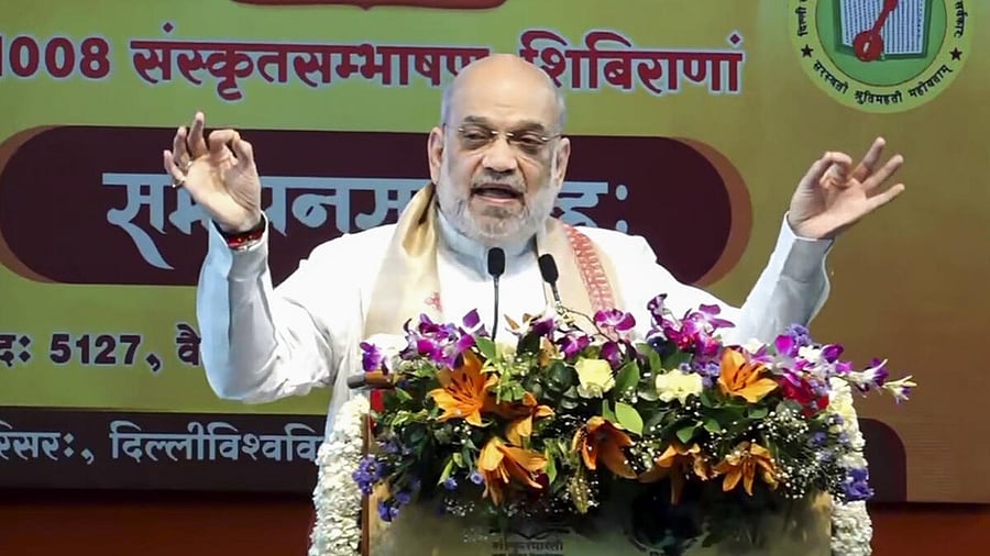<div class="paragraphs"><p>Union Home Minister Amit Shah addresses during the closing ceremony of 1,008 free 'Sanskrit conversation camps, organised by RSS-affiliated Sanskrit Bharati RSS-affiliated Sanskrit Bharati, in New Delhi, Sunday, May 4, 2025.</p></div>