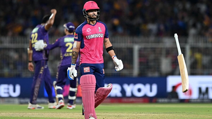 <div class="paragraphs"><p>Rajasthan Royals' Riyan Parag walks after losing his wicket.</p></div>