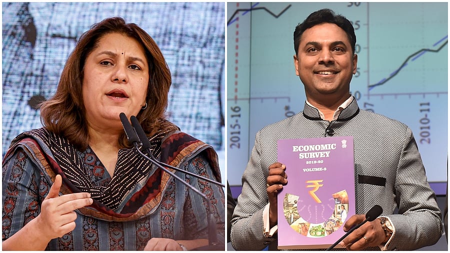 <div class="paragraphs"><p>Congress leader Supriya Shrinate addresses a press conference, in New Delhi, on Tuesday; File photo of Krishnamurthy V Subramanian</p></div>