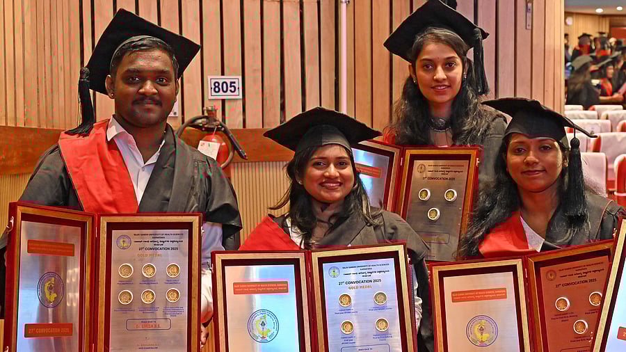<div class="paragraphs"><p>Gold medalists (from left) Dr Girish B S, Dr Prakruthi C Pateel,&nbsp;Dr Gannyashree (back) and Dr Aleena Jose pose for a photo during the 27th convocation of Rajiv Gandhi University of Health Sciences in Bengaluru on Tuesday. </p></div>