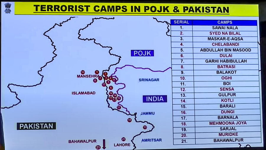 <div class="paragraphs"><p>A map showing the terrorist camps struck as part of 'Operation Sindoor' in Pakistan and PoK, being displayed during a press conference, in New Delhi.</p></div>