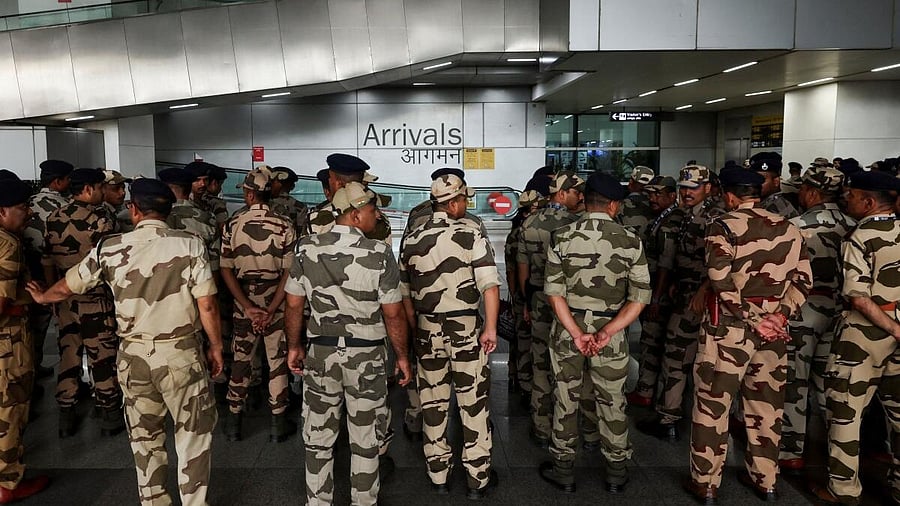<div class="paragraphs"><p>Central Industrial Security Force (CISF) personnel participate in the civil defence security mock drill at the Indira Gandhi International Airport in New Delhi, India, May 7, 2025.</p></div>