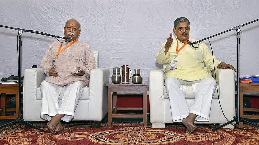 <div class="paragraphs"><p>Rashtriya Swayamsevak Sangh (RSS) chief Mohan Bhagwat with RSS General Secretary Dattatreya Hosabale.</p></div>