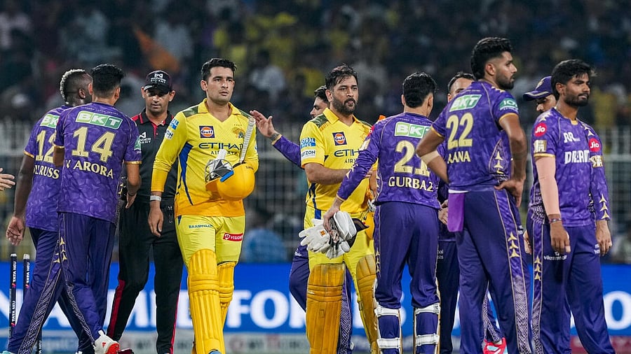 <div class="paragraphs"><p>Chennai Super Kings' captain MS Dhoni and Anshul Kamboj being congratulated by Kolkata Knight Riders’ players after winning the Indian Premier League (IPL) 2025 T20 cricket match, at the Eden Gardens, in Kolkata, West Bengal, Wednesday, May 7, 2025.</p></div>