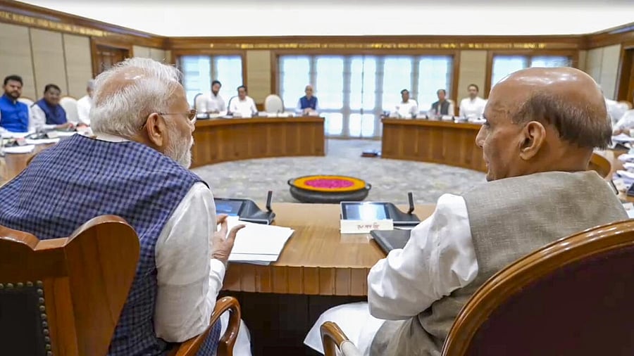 <div class="paragraphs"><p>Prime Minister Narendra Modi with Defence Minister Rajnath Singh during a Cabinet meeting following 'Operation Sindoor', in New Delhi</p></div>
