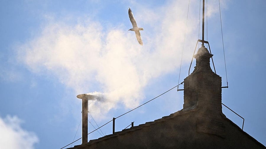 <div class="paragraphs"><p>White smoke rises from the chimney on the Sistine Chapel, indicating that a new pope has been elected at the Vatican, May 8, 2025.</p></div>