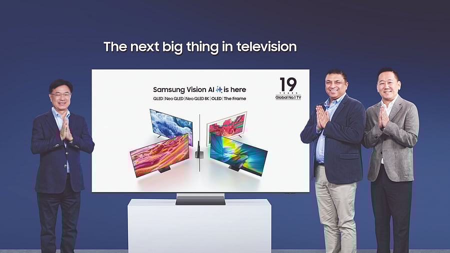 <div class="paragraphs"><p>[From Left-Right] JB Park, President and CEO, Samsung Southwest Asia, Viplesh Dang, Senior Director and Mike Chu, Corporate Vice President, Visual Display Business, Samsung India launch the new QLED, OLED and The Frame 2025 series smart TVs in Delhi on May 7, 2025.</p></div>