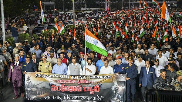 <div class="paragraphs"><p>Telangana Chief Minister A. Revanth Reddy with ex-servicemen participates in a rally against terrorism, in Hyderabad, on Thursday.</p></div>