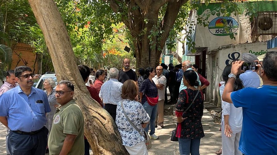 <div class="paragraphs"><p>Residents stage a protest at the ground after&nbsp;officials blocked their entry into the premises during the groundbreaking ceremony on Thursday.  </p></div>