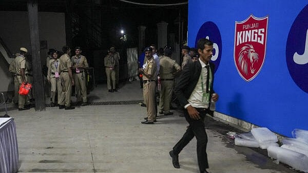 <div class="paragraphs"><p>Security personnel at Himachal Pradesh Cricket Association Stadium after the Indian Premier League (IPL) 2025 cricket match between Punjab Kings and Delhi Capitals was suspended due to blackout, in Dharamshala, Thursday, May 8, 2025.</p></div>