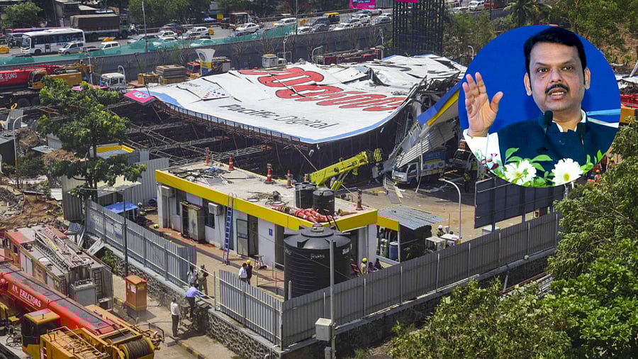 <div class="paragraphs"><p>Site of the Ghatkopar hoarding collapse seen with an inset image of Maharashtra CM Devendra Fadnavis</p></div>