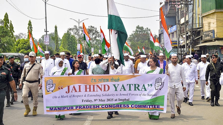 <div class="paragraphs"><p>Congress workers and supporters take part in Jai Hind Yatra as a mark of respect and extending solidarity to the armed forces of the nation amid escalating tension between India and Pakistan, in Imphal. </p></div>