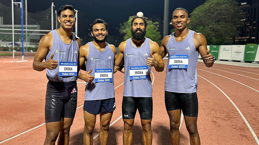 <div class="paragraphs"><p>India’s top sprinters - (from left) Amlan Borgohain, Manikanta Hoblidar, Gurindervir Singh and Animesh Kujur - who set a new 4x100m relay national record by clocking 38.69 seconds at the National Open Relay Carnival last week, joined forces again to win gold with a new meet mark of 38.76 seconds at the UAE Athletics Grand Prix in Dubai on Friday.</p></div>
