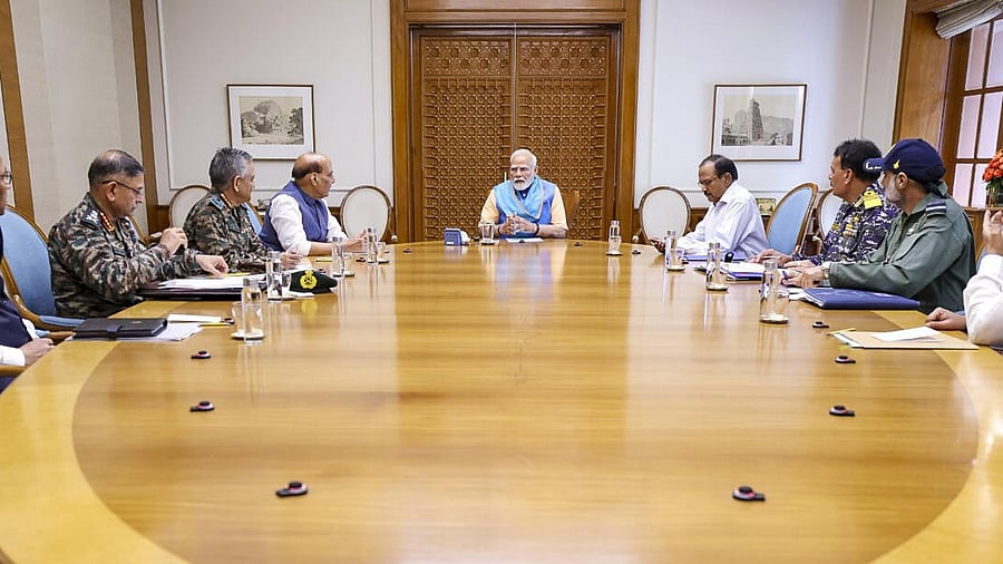 <div class="paragraphs"><p>In this image posted by @PMOIndia via X on May 10, 2025, Prime Minister Narendra Modi, Union Defence Minister Rajnath Singh, National Security Advisor (NSA) Ajit Doval, Chief of Defence Staff (CDS) General Anil Chauhan, Chief of the Army Staff (COAS) General Upendra Dwivedi, Chief of the Naval Staff (CNS) Admiral Dinesh K Tripathi, Chief of the Air Staff (CAS) Air Chief Marshal AP Singh and others during a high level meeting, amid the ongoing military conflict between India and Pakistan, in New Delhi.</p></div>