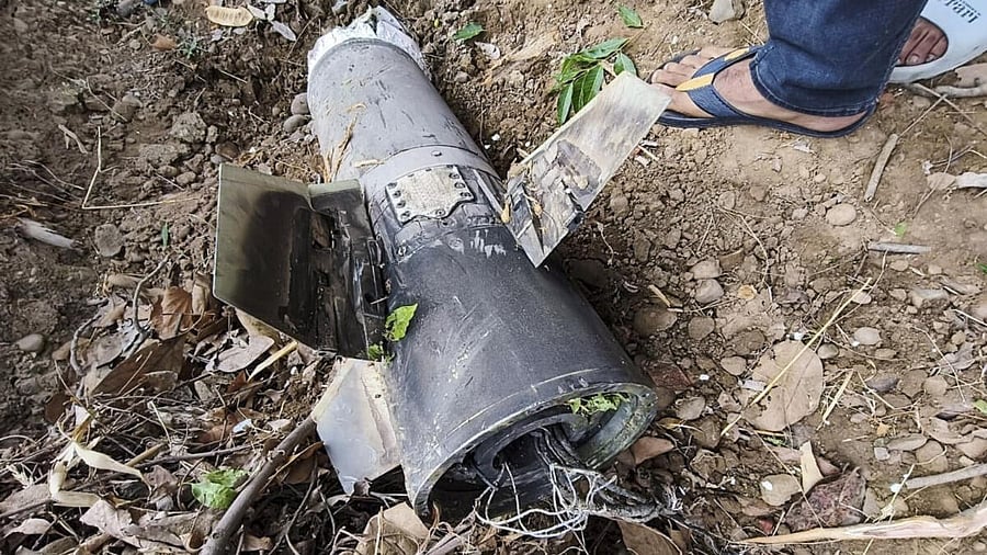 <div class="paragraphs"><p>The debris of an unidentified projectile which landed amid the conflict between India and Pakistan, near Chintpurni of Una district, Himachal Pradesh, Saturday, May 10, 2025.</p></div>