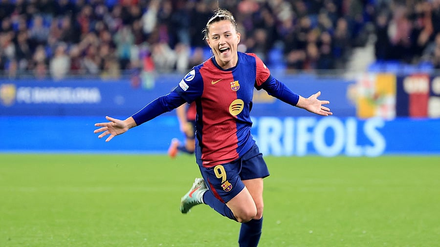 <div class="paragraphs"><p>FC Barcelona's Claudia Pina celebrates scoring their fifth goal </p></div>