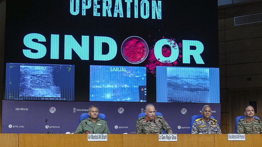 <div class="paragraphs"><p>Director General of Military Operations (DGMO) Lt General Rajiv Ghai with Air Marshal A K Bharti, Vice Admiral A N Pramod and Major General S S Sharda during a press conference on 'Operation Sindoor', in New Delhi.</p></div>