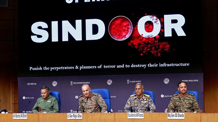 <div class="paragraphs"><p>Air Marshal AK Bharti, Lieutenant General Rajiv Ghai, Vice Admiral AN Pramod and Major General SS Sharda attend a press briefing at the National Media Centre in New Delhi, India, May 11, 2025.</p></div>