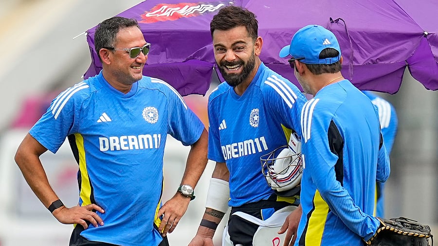 <div class="paragraphs"><p>Chief selector Ajit Agarkar (left), Virat Kohli (centre) and head coach Gautam Gambhir share a light moment during a practice session.</p></div>
