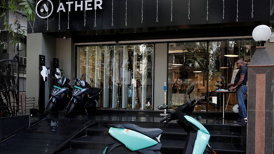 <div class="paragraphs"><p>Ather electric scooters are seen outside the showroom in Mumbai, India.</p></div>