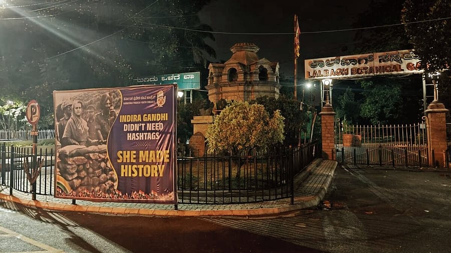 A flex hailing former prime minister Indira Gandhi’s war credentials placed outside Lalbagh in Bengaluru.