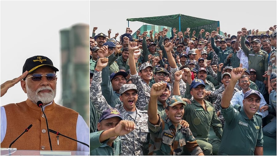 <div class="paragraphs"><p>Narendra Modi during a visit at the Adampur air base in Punjab, soldiers at the IAF base.</p></div>